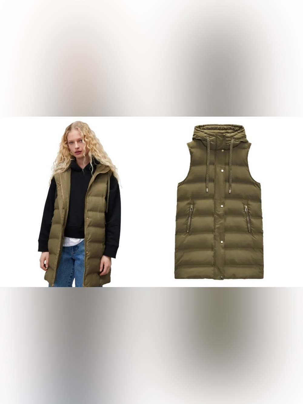 Zara Olive Hooded Quilted Puffer Vest S